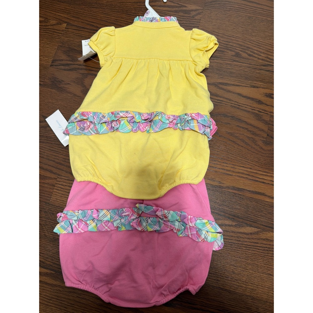 Ralph Lauren Baby Girls 2PK Polo Bubble Romper Yellow Pink Plaid Ruffle 9M NEW - Picture 5 of 9